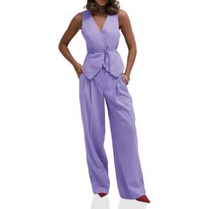 imageCicy Bell Womens 2 Piece Outfits V Neck Tie Waist Blazer Vest and Wide Leg Business Casual Suit Pants SetsLight Purple