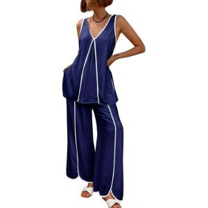 imageCicy Bell Womens Summer Lounge Sets V Neck Sleeveless Tunic Tops Pajamas Sets Comfy Loungwear Wide Leg Pants 2 Piece OutfitsNavy