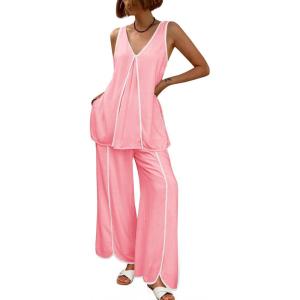 imageCicy Bell Womens Summer Lounge Sets V Neck Sleeveless Tunic Tops Pajamas Sets Comfy Loungwear Wide Leg Pants 2 Piece OutfitsPink