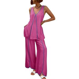 imageCicy Bell Womens Summer Lounge Sets V Neck Sleeveless Tunic Tops Pajamas Sets Comfy Loungwear Wide Leg Pants 2 Piece OutfitsRose Red