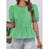 imageCicy Bell Womens Puff Sleeve Gingham Blouse Summer Ruffle Peplum Babydoll Tops Cute Plaid Cotton ShirtsGreen