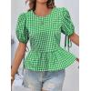 imageCicy Bell Womens Puff Sleeve Gingham Blouse Summer Ruffle Peplum Babydoll Tops Cute Plaid Cotton ShirtsGreen