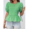 imageCicy Bell Womens Puff Sleeve Gingham Blouse Summer Ruffle Peplum Babydoll Tops Cute Plaid Cotton ShirtsGreen