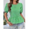 imageCicy Bell Womens Puff Sleeve Gingham Blouse Summer Ruffle Peplum Babydoll Tops Cute Plaid Cotton ShirtsGreen