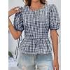 imageCicy Bell Womens Puff Sleeve Gingham Blouse Summer Ruffle Peplum Babydoll Tops Cute Plaid Cotton ShirtsNavy Blue
