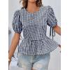 imageCicy Bell Womens Puff Sleeve Gingham Blouse Summer Ruffle Peplum Babydoll Tops Cute Plaid Cotton ShirtsNavy Blue