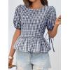 imageCicy Bell Womens Puff Sleeve Gingham Blouse Summer Ruffle Peplum Babydoll Tops Cute Plaid Cotton ShirtsNavy Blue