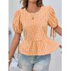 imageCicy Bell Womens Puff Sleeve Gingham Blouse Summer Ruffle Peplum Babydoll Tops Cute Plaid Cotton ShirtsOrange
