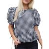 imageCicy Bell Womens Puff Sleeve Gingham Blouse Summer Ruffle Peplum Babydoll Tops Cute Plaid Cotton ShirtsNavy Blue