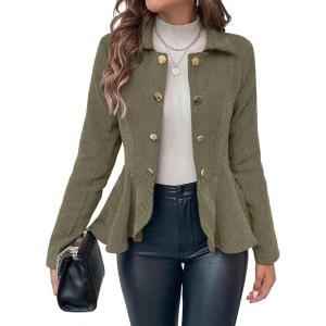 imageCicy Bell Elegant Women Blazer Business Work Office Peplum Hem Jacket Open Front Herringbone CoatsArmy Green