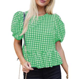 imageCicy Bell Womens Puff Sleeve Gingham Blouse Summer Ruffle Peplum Babydoll Tops Cute Plaid Cotton ShirtsGreen