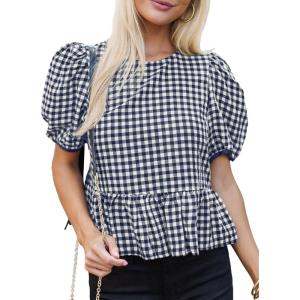imageCicy Bell Womens Puff Sleeve Gingham Blouse Summer Ruffle Peplum Babydoll Tops Cute Plaid Cotton ShirtsNavy Blue