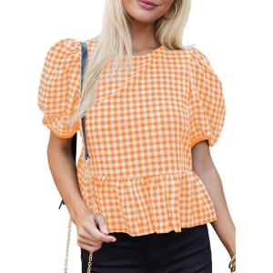 imageCicy Bell Womens Puff Sleeve Gingham Blouse Summer Ruffle Peplum Babydoll Tops Cute Plaid Cotton ShirtsOrange