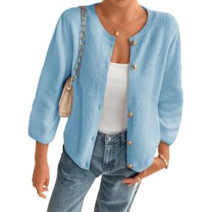 imageCicy Bell Womens 34 Puff Sleeve Cardigan Sweater Fall Trendy Casual Button Up Loose Fit Cropped Knit SweatersBlue