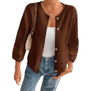 imageCicy Bell Womens 34 Puff Sleeve Cardigan Sweater Fall Trendy Casual Button Up Loose Fit Cropped Knit SweatersCoffee