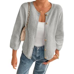 imageCicy Bell Womens 34 Puff Sleeve Cardigan Sweater Fall Trendy Casual Button Up Loose Fit Cropped Knit SweatersGrey