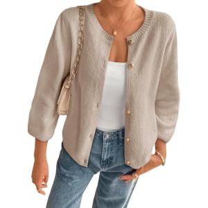 imageCicy Bell Womens 34 Puff Sleeve Cardigan Sweater Fall Trendy Casual Button Up Loose Fit Cropped Knit SweatersKhaki