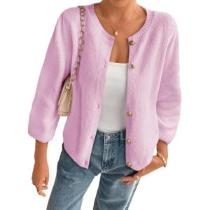 imageCicy Bell Womens 34 Puff Sleeve Cardigan Sweater Fall Trendy Casual Button Up Loose Fit Cropped Knit SweatersPink