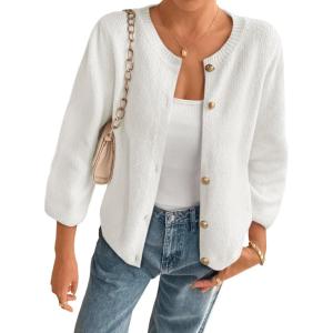 imageCicy Bell Womens 34 Puff Sleeve Cardigan Sweater Fall Trendy Casual Button Up Loose Fit Cropped Knit SweatersWhite