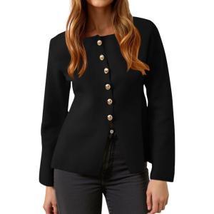 imageCicy Bell Womens Button Up Cardigan Sweaters Lightweight Long Sleeve Knit Tops Business Casual Round Neck Fitted JacketBlack