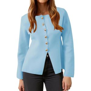 imageCicy Bell Womens Button Up Cardigan Sweaters Lightweight Long Sleeve Knit Tops Business Casual Round Neck Fitted JacketBlue