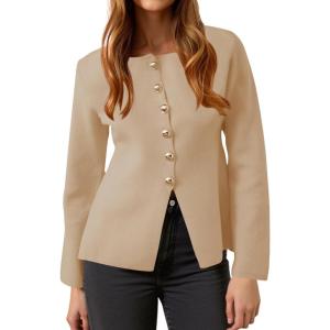 imageCicy Bell Womens Button Up Cardigan Sweaters Lightweight Long Sleeve Knit Tops Business Casual Round Neck Fitted JacketKhaki