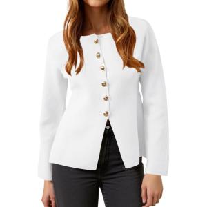 imageCicy Bell Womens Button Up Cardigan Sweaters Lightweight Long Sleeve Knit Tops Business Casual Round Neck Fitted JacketWhite