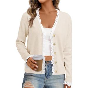 imageCicy Bell Womens Lace V Neck Cardigan Sweaters Button Down Long Sleeve Knit Tops Fall Trendy Lightweight Open Front SweaterBeige