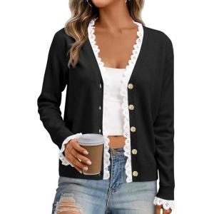 imageCicy Bell Womens Lace V Neck Cardigan Sweaters Button Down Long Sleeve Knit Tops Fall Trendy Lightweight Open Front SweaterBlack