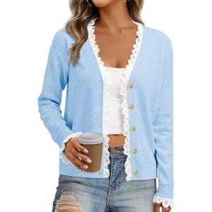imageCicy Bell Womens Lace V Neck Cardigan Sweaters Button Down Long Sleeve Knit Tops Fall Trendy Lightweight Open Front SweaterBlue