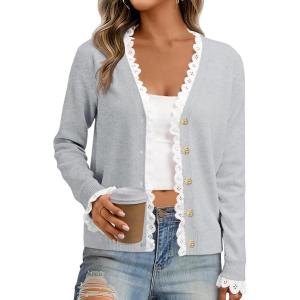 imageCicy Bell Womens Lace V Neck Cardigan Sweaters Button Down Long Sleeve Knit Tops Fall Trendy Lightweight Open Front SweaterGrey