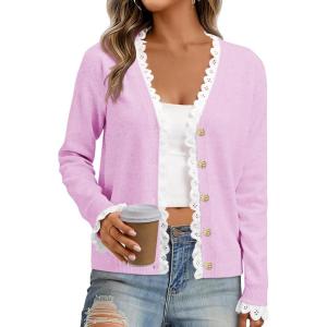 imageCicy Bell Womens Lace V Neck Cardigan Sweaters Button Down Long Sleeve Knit Tops Fall Trendy Lightweight Open Front SweaterPink