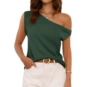 imageCicy Bell Womens Off One Shoulder Tops Summer Ribbed Knit Tank Tops Trendy Casual Loose Fit Sleeveless Tee ShirtsArmy Green