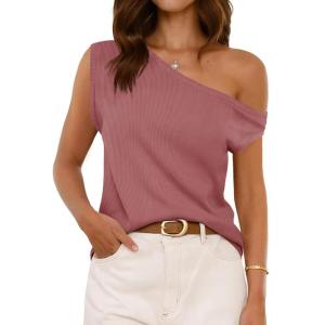 imageCicy Bell Womens Off One Shoulder Tops Summer Ribbed Knit Tank Tops Trendy Casual Loose Fit Sleeveless Tee ShirtsBean Paste Red