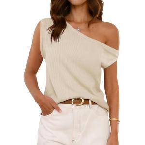 imageCicy Bell Womens Off One Shoulder Tops Summer Ribbed Knit Tank Tops Trendy Casual Loose Fit Sleeveless Tee ShirtsBeige
