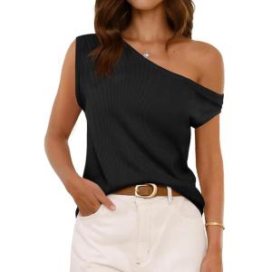 imageCicy Bell Womens Off One Shoulder Tops Summer Ribbed Knit Tank Tops Trendy Casual Loose Fit Sleeveless Tee ShirtsBlack