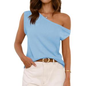 imageCicy Bell Womens Off One Shoulder Tops Summer Ribbed Knit Tank Tops Trendy Casual Loose Fit Sleeveless Tee ShirtsBlue