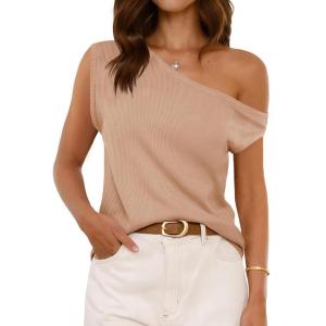 imageCicy Bell Womens Off One Shoulder Tops Summer Ribbed Knit Tank Tops Trendy Casual Loose Fit Sleeveless Tee ShirtsKhaki