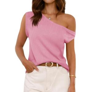 imageCicy Bell Womens Off One Shoulder Tops Summer Ribbed Knit Tank Tops Trendy Casual Loose Fit Sleeveless Tee ShirtsPink