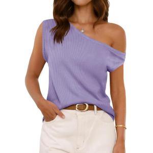 imageCicy Bell Womens Off One Shoulder Tops Summer Ribbed Knit Tank Tops Trendy Casual Loose Fit Sleeveless Tee ShirtsPurple