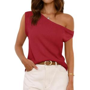 imageCicy Bell Womens Off One Shoulder Tops Summer Ribbed Knit Tank Tops Trendy Casual Loose Fit Sleeveless Tee ShirtsRed