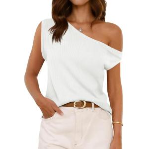 imageCicy Bell Womens Off One Shoulder Tops Summer Ribbed Knit Tank Tops Trendy Casual Loose Fit Sleeveless Tee ShirtsWhite