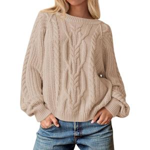 imageCicy Bell Womens Oversized Cable Knit Sweaters Crew Neck Long Sleeve Fall Chunky Pullover Casual Loose Fit Sweater TopsBeige