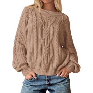 imageCicy Bell Womens Oversized Cable Knit Sweaters Crew Neck Long Sleeve Fall Chunky Pullover Casual Loose Fit Sweater TopsBrown