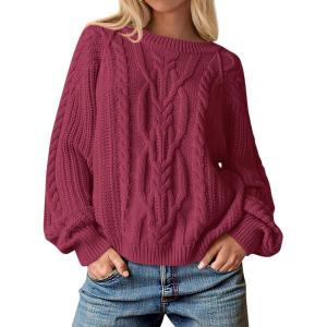 imageCicy Bell Womens Oversized Cable Knit Sweaters Crew Neck Long Sleeve Fall Chunky Pullover Casual Loose Fit Sweater TopsBurgundy