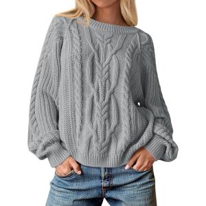 imageCicy Bell Womens Oversized Cable Knit Sweaters Crew Neck Long Sleeve Fall Chunky Pullover Casual Loose Fit Sweater TopsGrey
