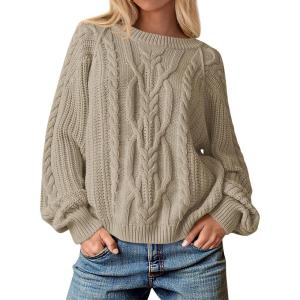 imageCicy Bell Womens Oversized Cable Knit Sweaters Crew Neck Long Sleeve Fall Chunky Pullover Casual Loose Fit Sweater TopsKhaki