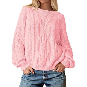 imageCicy Bell Womens Oversized Cable Knit Sweaters Crew Neck Long Sleeve Fall Chunky Pullover Casual Loose Fit Sweater TopsPink