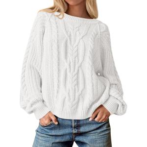 imageCicy Bell Womens Oversized Cable Knit Sweaters Crew Neck Long Sleeve Fall Chunky Pullover Casual Loose Fit Sweater TopsWhite