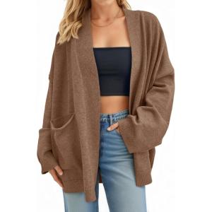 imageCicy Bell Womens Oversized Cardigans Long Sleeve Open Front Shawl Sweaters Knit Fall Outerwear with PocketsDark Brown